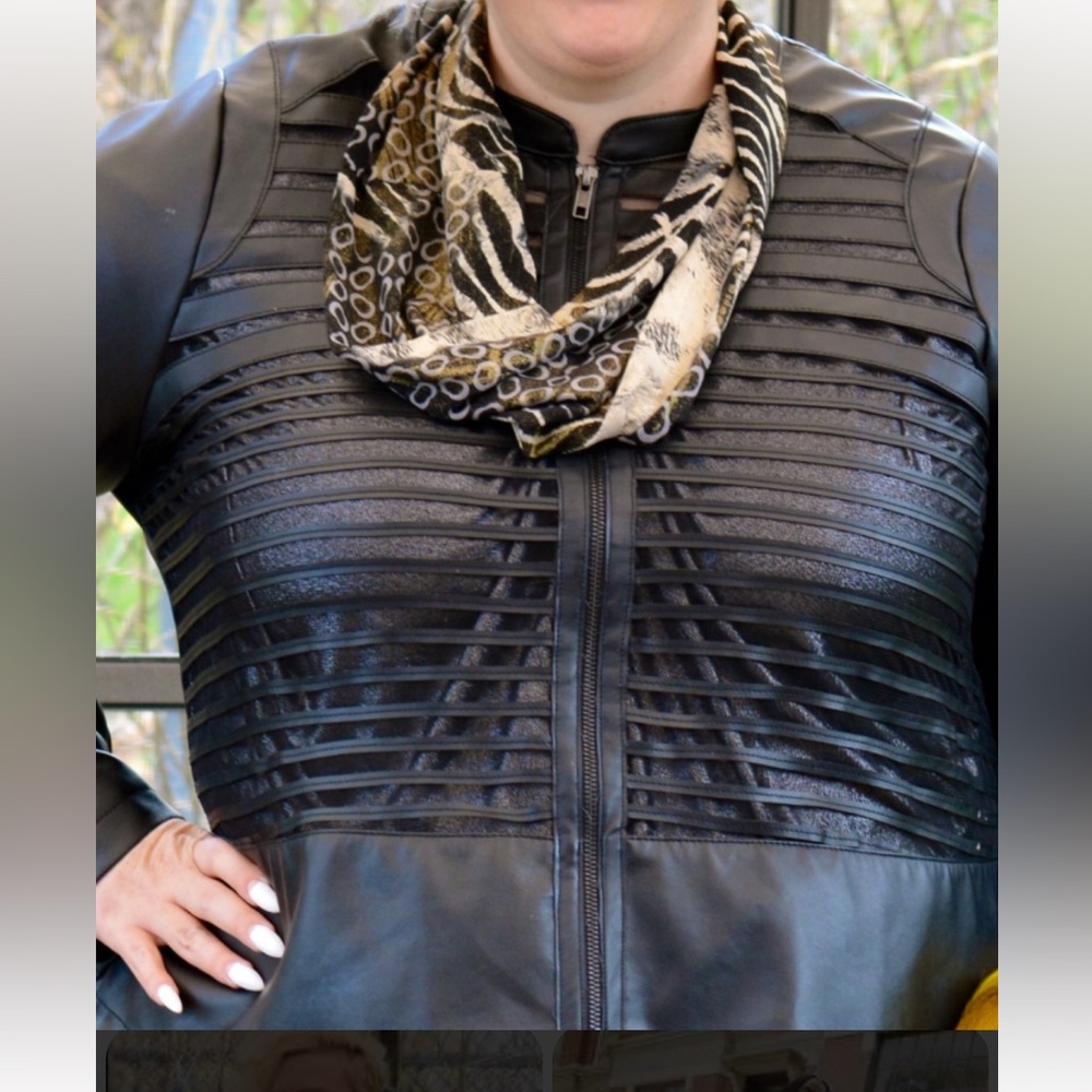 Addition Elle Black Leather Jacket with Textured Stripes